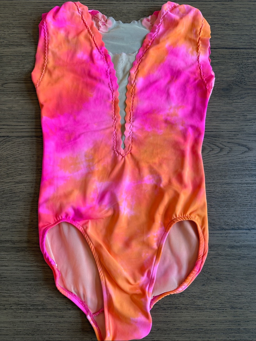 Girls Neon Pink & Orange Dance Leotard with Scalloped V-Neck